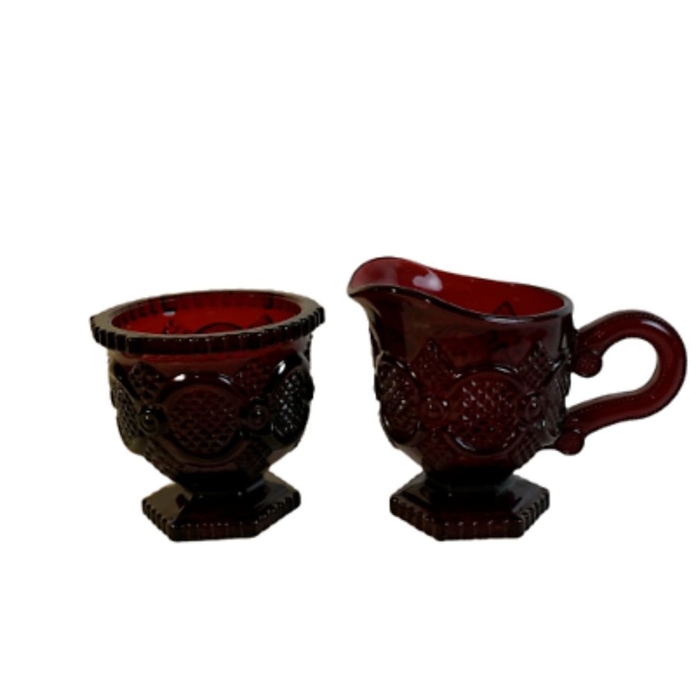 Avon Cape Cod Ruby Red Glass Cream And Sugar Set Two Piece Set